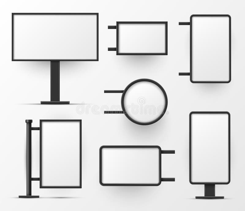 Lightboxes variety stand, wall mounted blank templates set. Lighted surfaces round, rectangular. vector illustration
