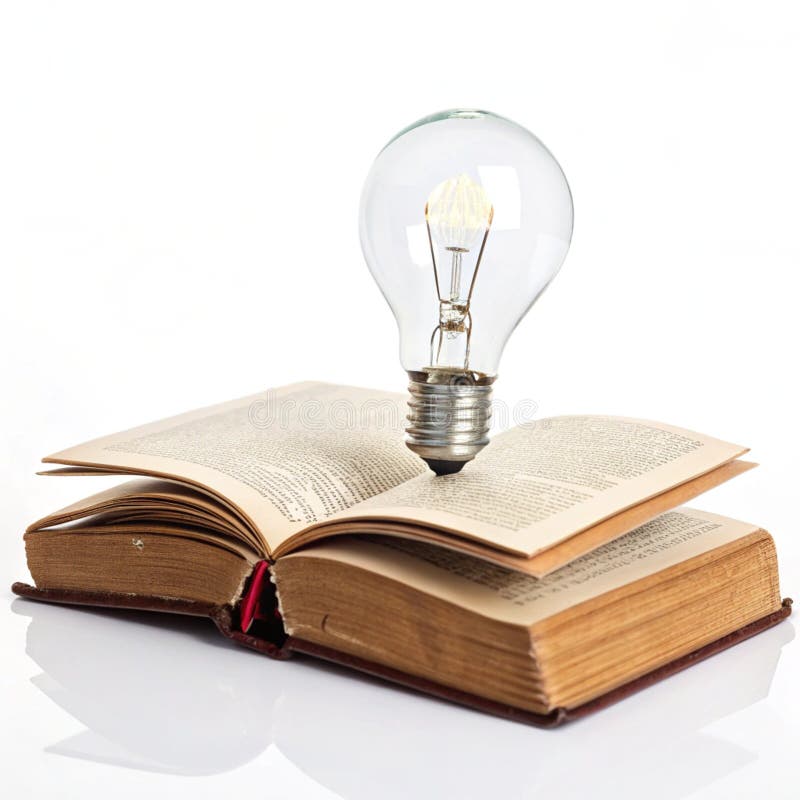 Lightbulb Over Open Book isolated on white background stock illustration