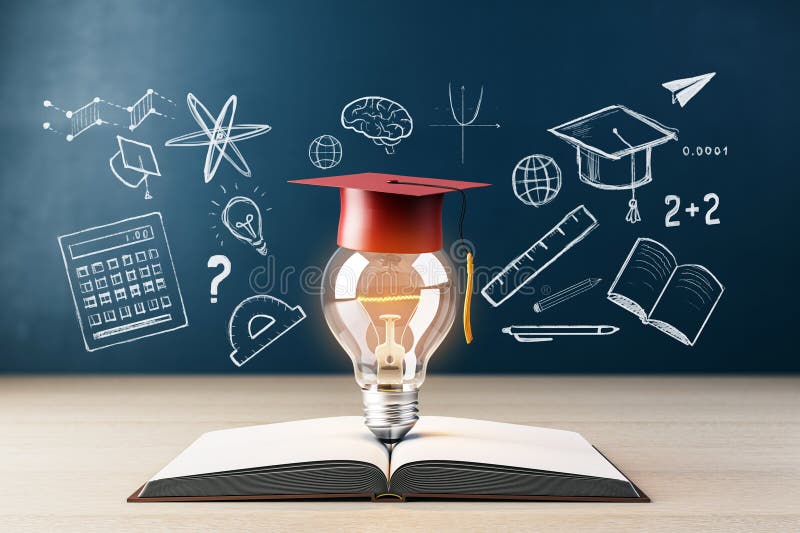 Lightbulb with Graduation Cap on Open Book, Surrounded by Educational Sketches. 3D Rendering vector illustration