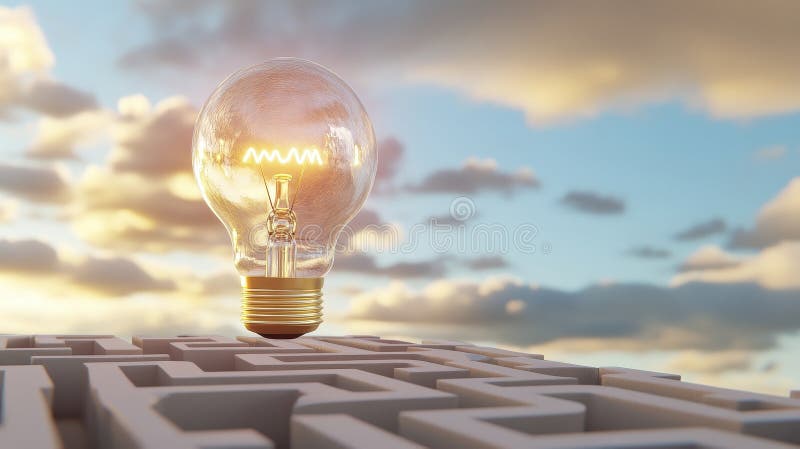 Unlock Innovation Navigating the Maze of Ideas to Find the Spark of Inspiration, A Conceptual Image of a Lightbulb Hovering Above stock illustration