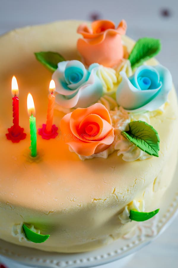 Lighted Candles and Birthday Cake Stock Photo Image of color