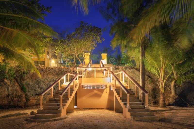 Lighted stairs in beautiful tropical forest at summer night. Landscape with illuminated path with steps, green palm trees, hotel on the sea coast and sandy beach at dusk in Zanzibar, Africa. Travel