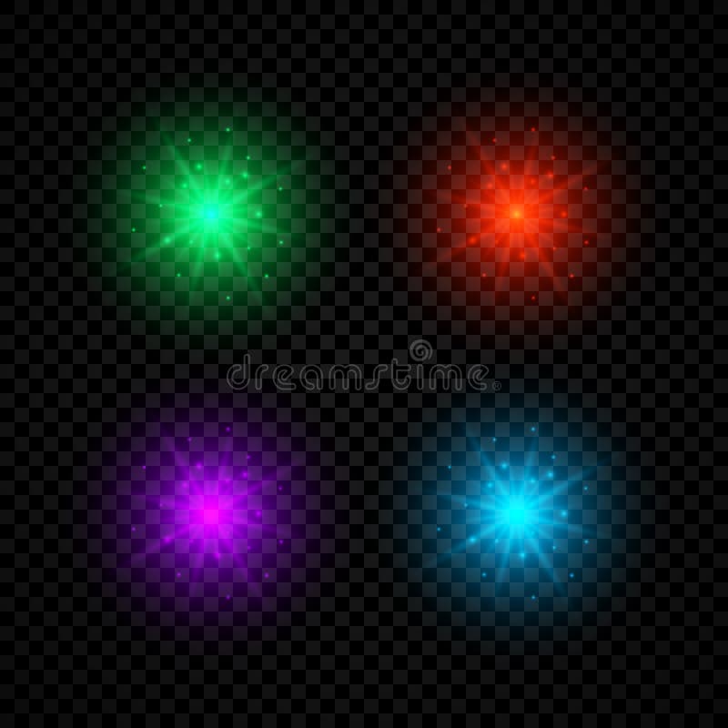 Set of four green, red, purple and blue glowing lights starburst effects with sparkles