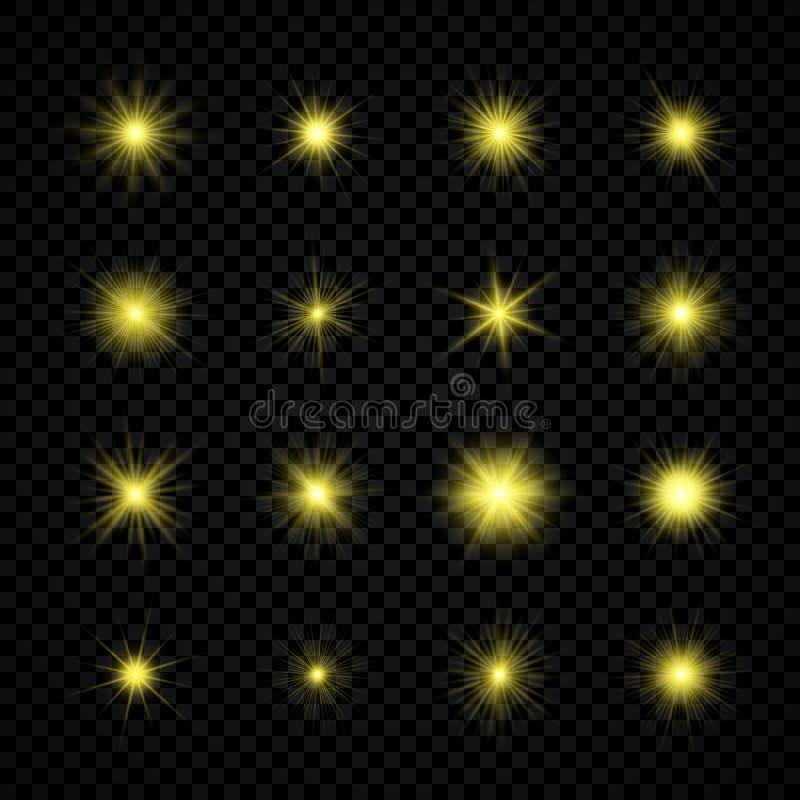 Set of sixteen yellow glowing lights starburst effects