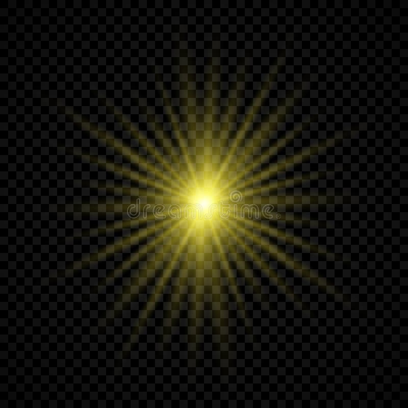 Light effect of lens flares. Yellow glowing lights starburst effects with sparkles