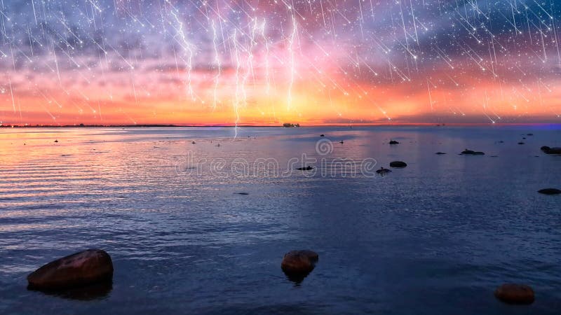 Lightening sky ,stars full starry sky seaside,  sunset summer night seascape city panorama night light reflection n water harbor m