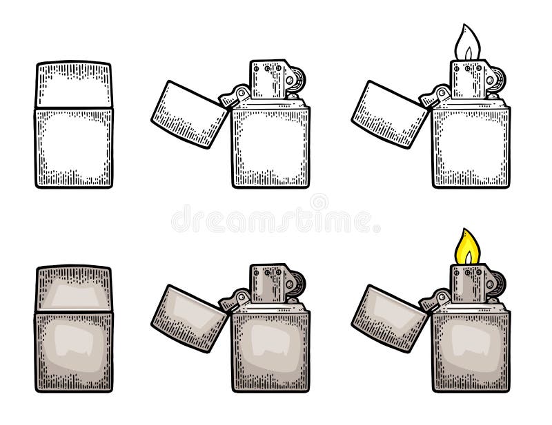 Lighter open and close. Vector vintage engraved black illustration isolated on white background. royalty free illustration