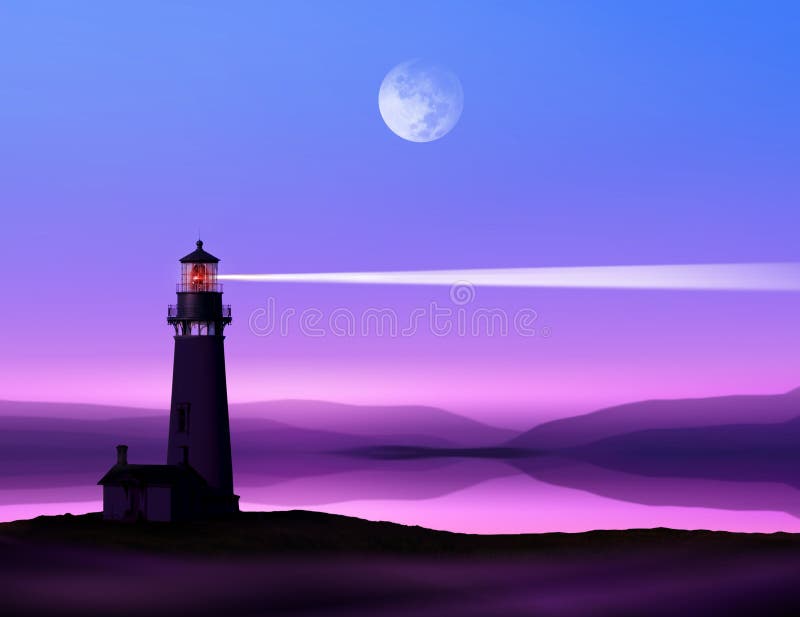 Romantico faro vicino Atlantico che brilla di notte, in un luminoso della luna.