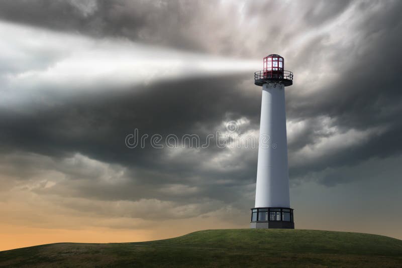 Faro brillante la luz haz a través de bullicioso nubes.