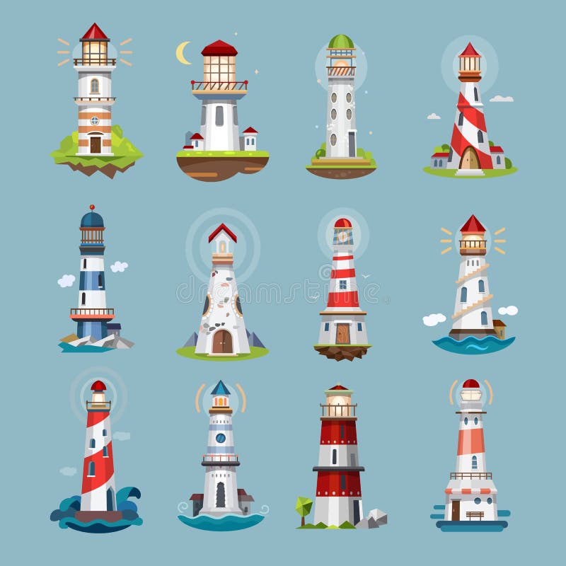 Lighthouse beacons, sea light house, cartoon icons