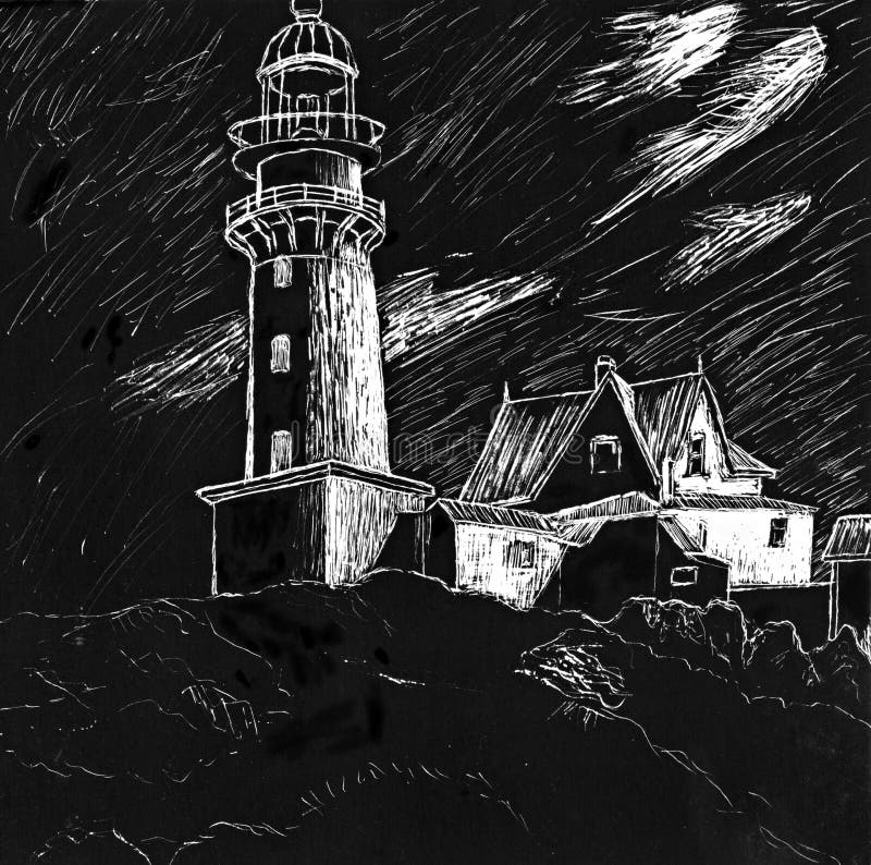 A scratch board drawing of a lighthouse up on a cliff. This illustration is my own work. A scratch board drawing of a lighthouse up on a cliff. This illustration is my own work.