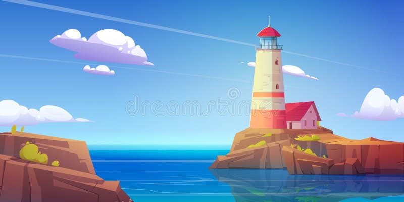 Lighthouse on rock island in sea