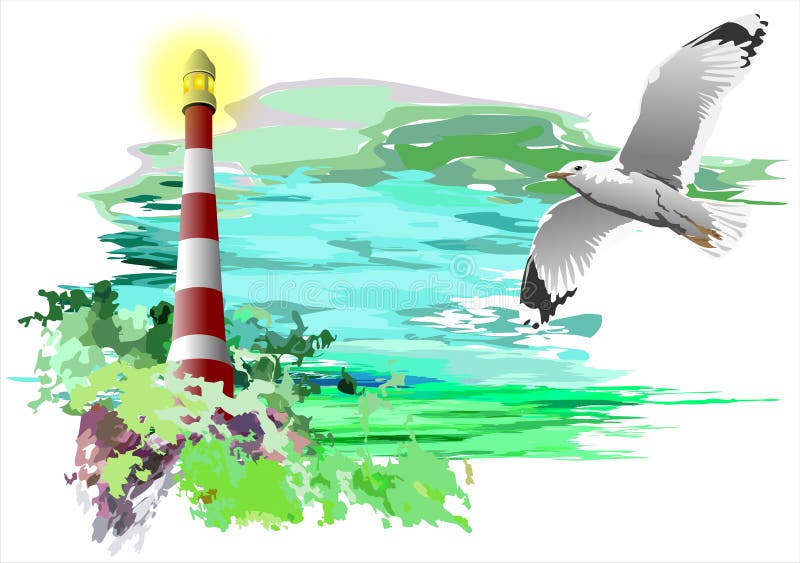 Lighthouse and Seagull (vector)