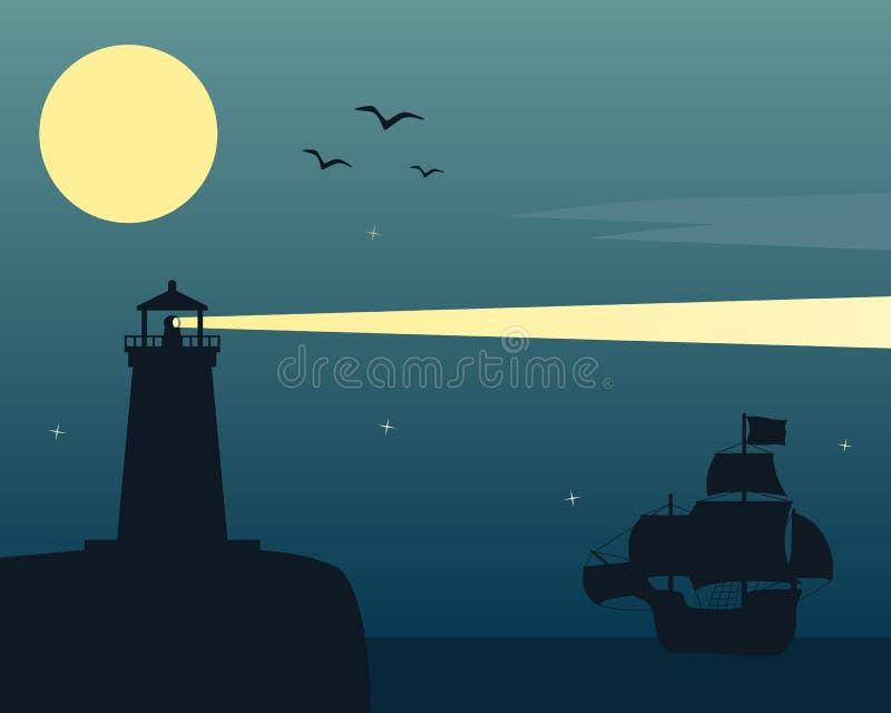 Lighthouse And Ship In The Moonlight Stock Vector ...