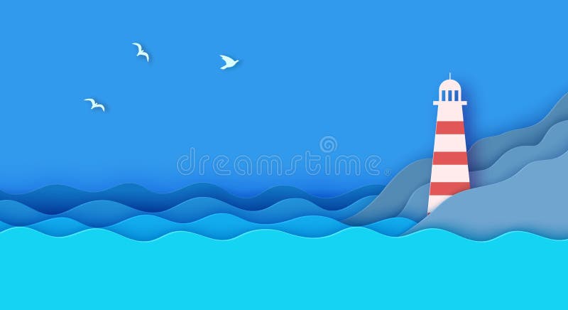 Lighthouse on the shore of a reservoir in paper cut style. Vector 3d sea