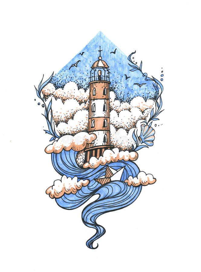 Lighthouse in the storm illustration, hand drawn ink engraving design. Nautical theme illustration concept.