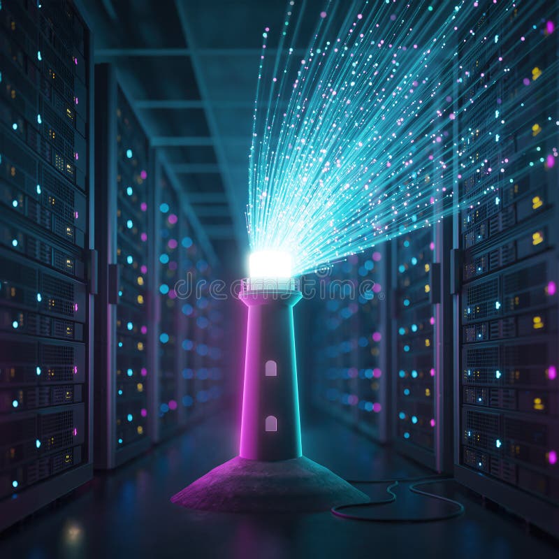 Lighthouse surrounded by server racks with light beams in a data center at night stock photography