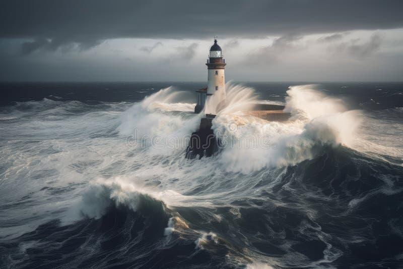 lighthouse, surrounded by stormy sea, with waves crashing against the shore