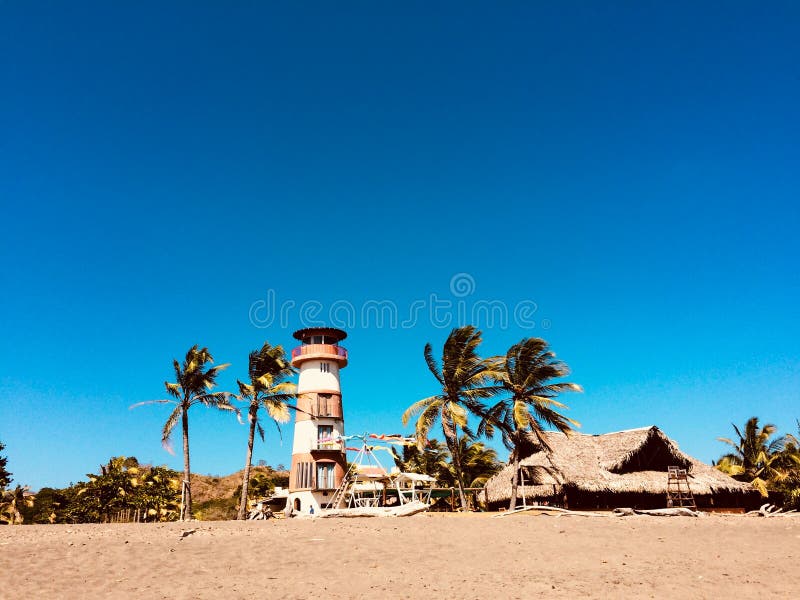 Lighthouse tower, hut, palm trees and houses at beach on sunny d