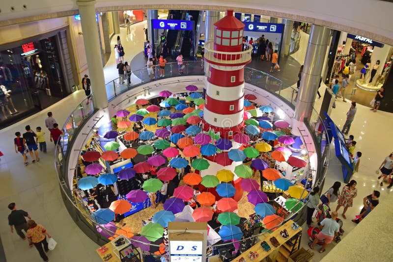 Lighthouse and Umbrella Decoration in Terminal 21 Shopping Mall royalty free stock photos Lighthouse and Umbrella Decoration in Terminal 21 Shopping Mall royalty free stock photos
