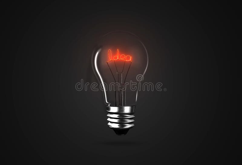 Lighting Bulb Lamp Idea Words on Black Background, 3D Rendering Stock
