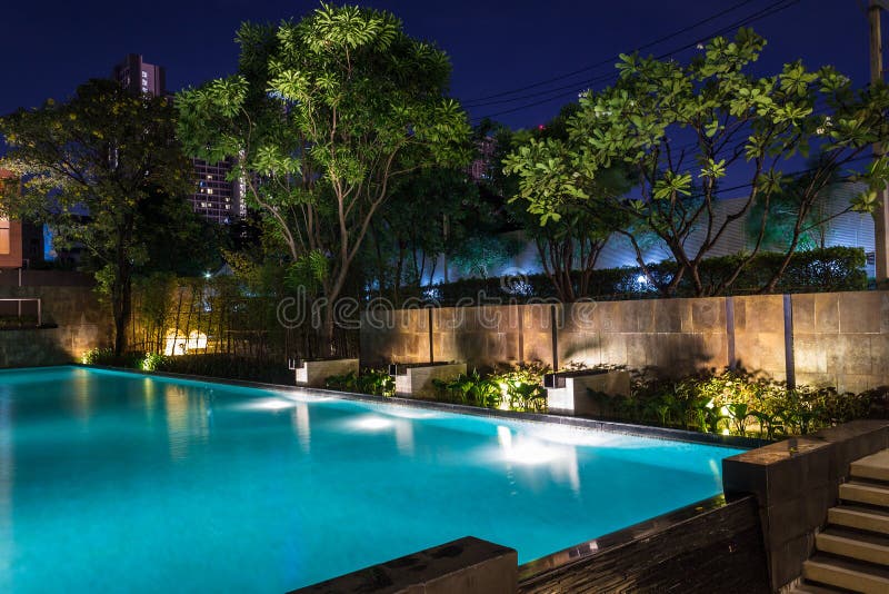 Lighting business for luxury backyard swimming pool. Relaxed li