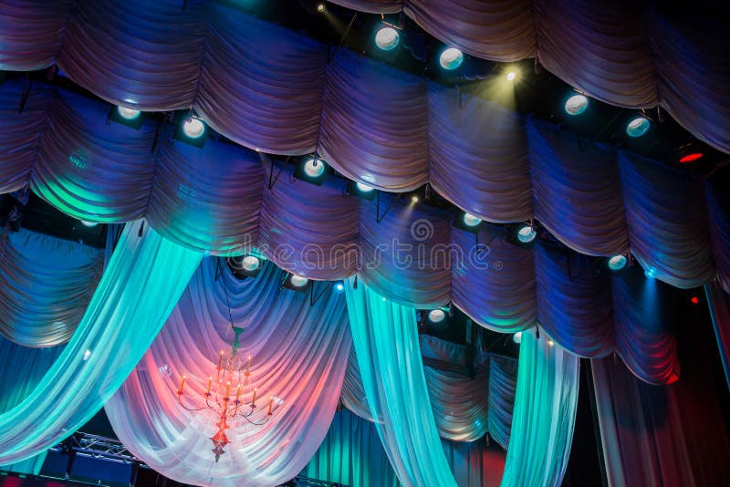 Lighting Equipment and Scenery in the Theater on Stage Stock Photo