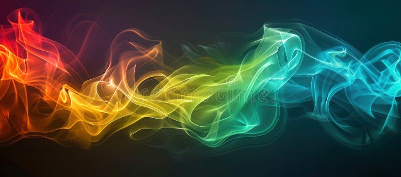Lightness and smoothness of movement thin abstract streams of green, blue, red and yellow smoke on black background