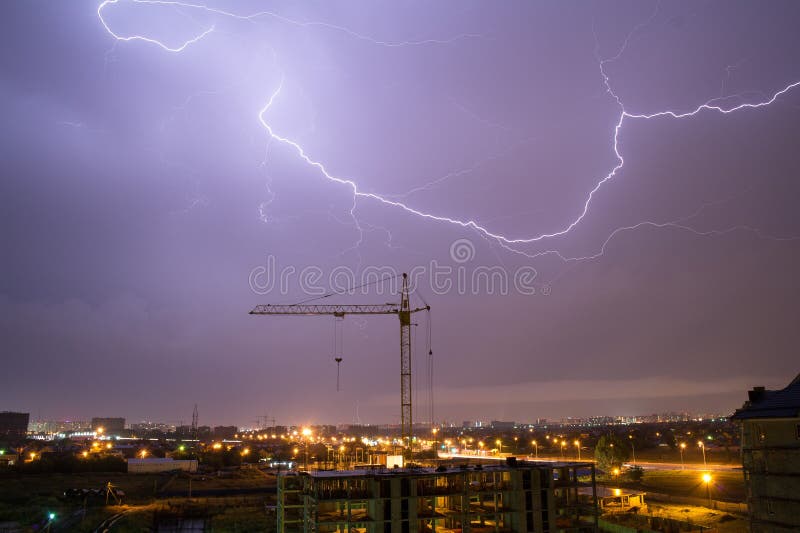 Lightning in Calgary. Lightning Illuminating the Calgary Skyline Stock