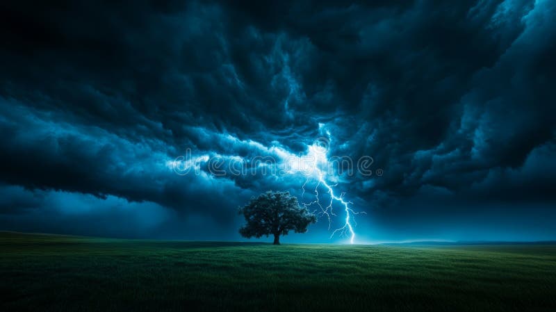 Lightning dramatically lights up the sky above a lone tree on a stormy night in a vast, open field. Lone tree storm dramatic lightning night sky field stock images, royalty-free photos and pictures