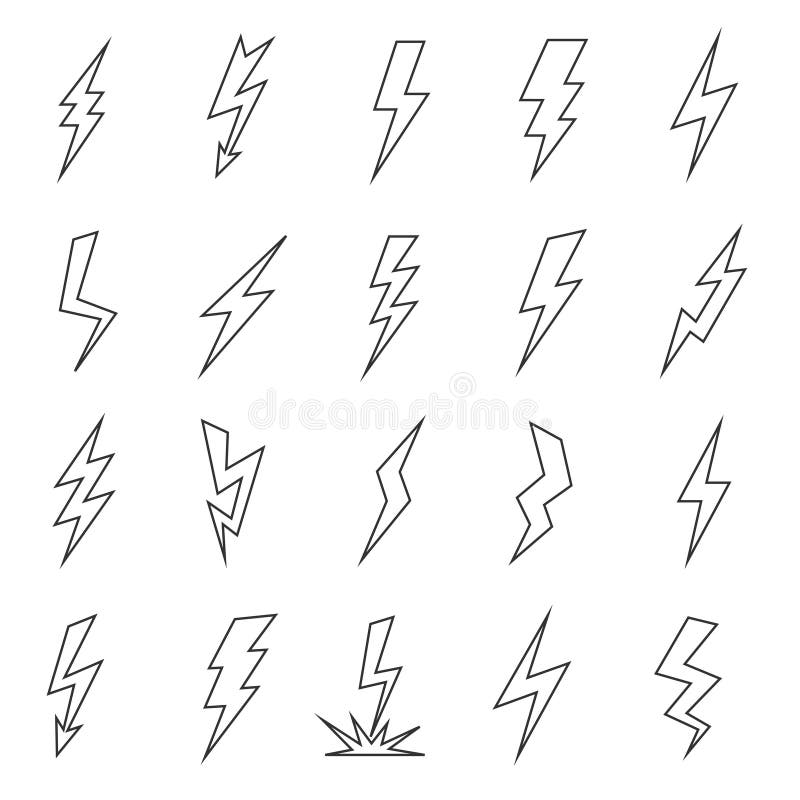 Lightning line flat graphic silhouette. Thunderstorm effect, sharp long strom image sketch. Vector flat style illustration on white background