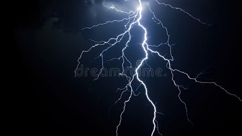 Lightning in storm at night, electric flash of thunder on dark blue sky background. Concept of thunderbolt, thunderstorm, strike royalty free illustration