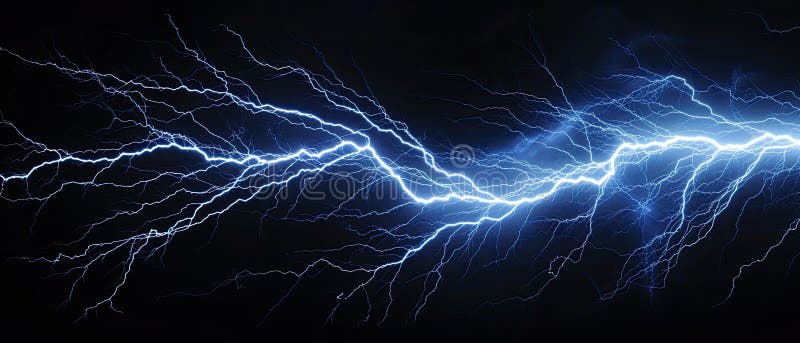 Lightning in storm at night, electric flash of thunder on dark blue sky background. Concept of thunderbolt, thunderstorm, strike vector illustration