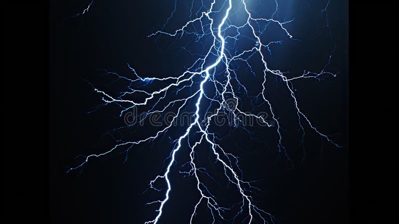 Lightning in storm at night, electric flash of thunder on dark blue sky background. Concept of thunderbolt, thunderstorm, strike vector illustration