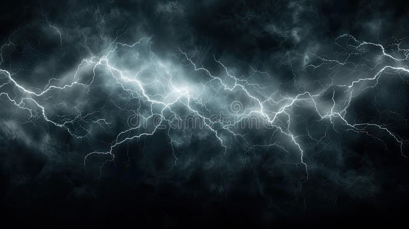 Lightning in storm at night, electric flash of thunder on dark dramatic sky background. Concept of thunderbolt, thunderstorm vector illustration