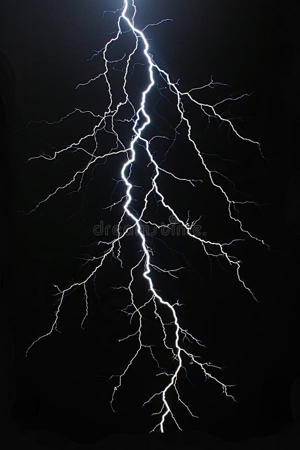 Lightning in storm at night, electric flash of thunder isolated on dark sky background. Concept of thunderbolt, thunderstorm, bolt stock illustration