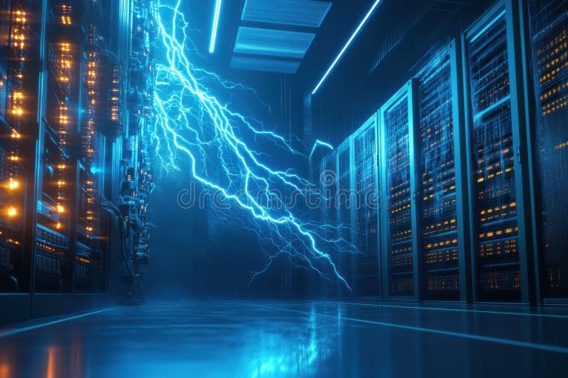 Lightning strikes in a modern data center during a high-tech storm event stock images