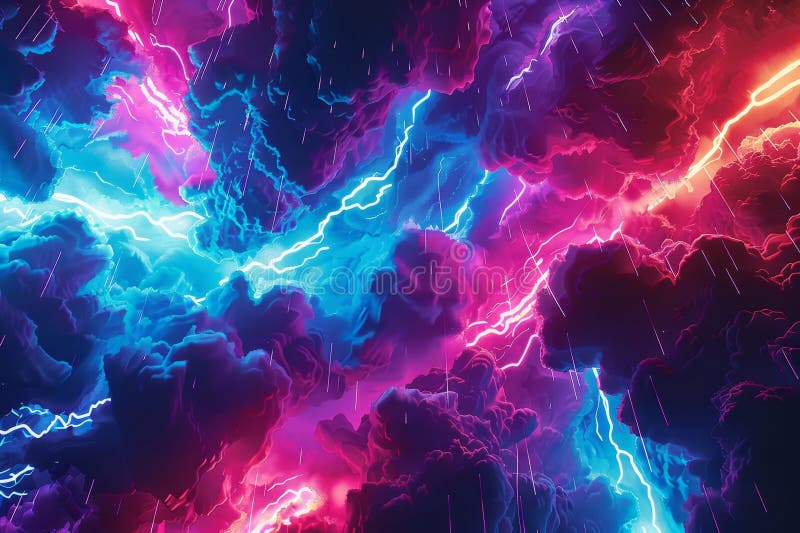 Lightning Strikes through Vibrant Clouds in a Colorful Background, Neon