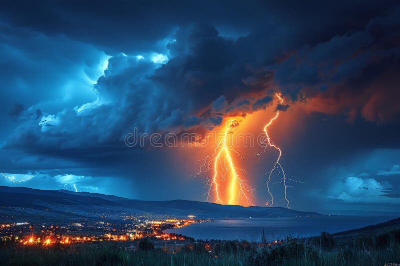 Lightning and thunder in the sky, dark blue background, closeup, lightning flash, lightning bolt, lightning light effect, hig royalty free illustration