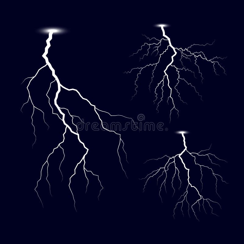 Lightning. Thunder storm lightnings set. Bright light effects. Vector Illustration isolated on dark background royalty free illustration