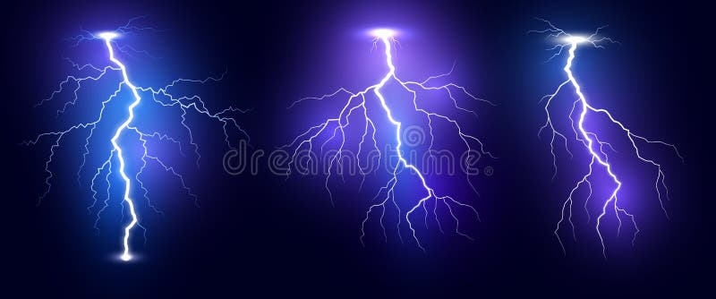 Lightning. Thunder storm realistic lightnings set. Magic and bright light effects. Vector Illustration isolated on dark background royalty free illustration