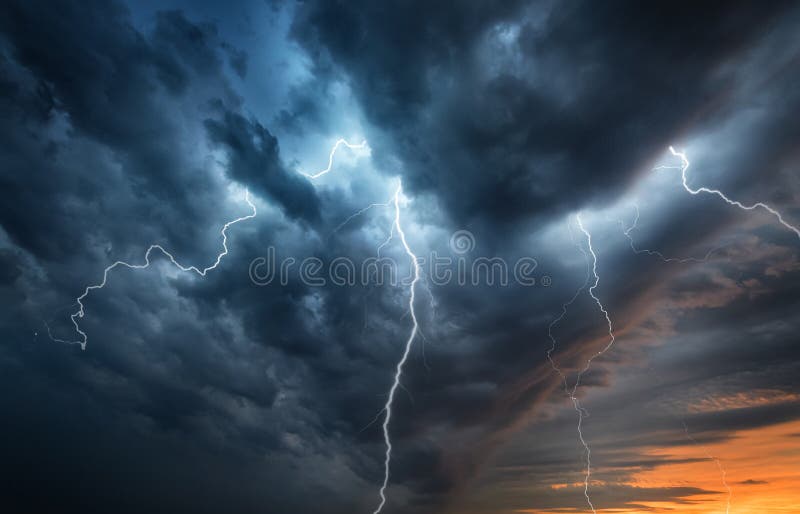 Lightning thunderstorm flash over the night sky. Concept on topi