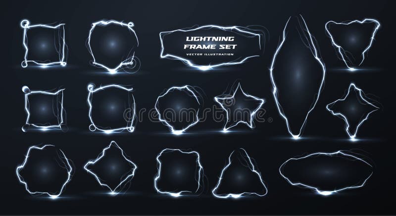 Lightning vector creative realistic borders set. Electricity empty geometric frames isolated pack. Square, circle, star royalty free illustration