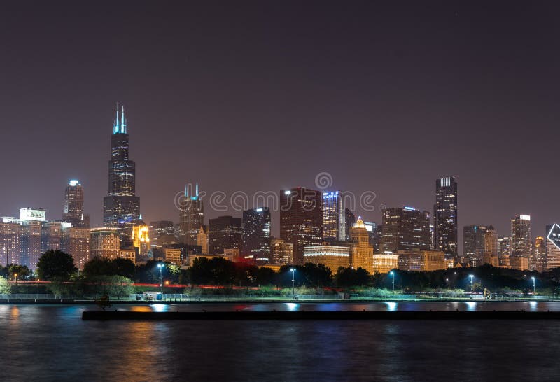 Lights of Summer Night Chicago Downtown Skyline Editorial Photo Image