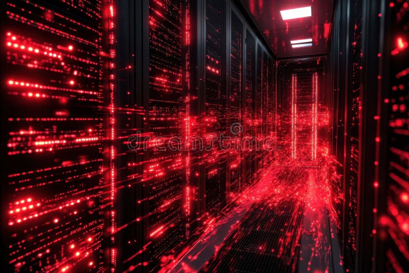 Bright red lights illuminate a futuristic data center corridor at night stock photo