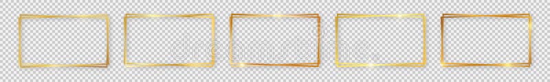 Set of five double gold shiny rectangular frames with glowing effects royalty free illustration