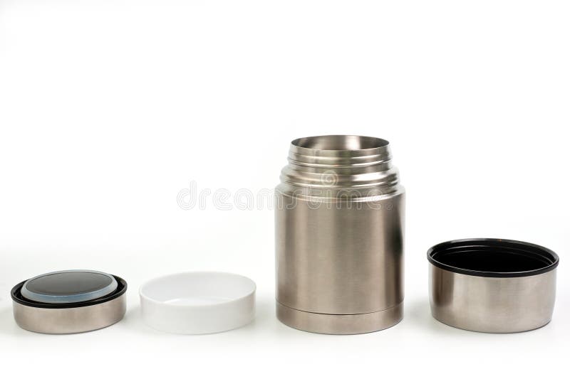 Lightweight, metallic thermos for eating with a plastic plate on a white background stock photos Lightweight, metallic thermos for eating with a plastic plate on a white background stock photos