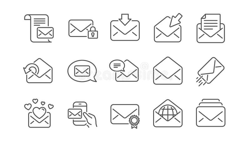 Ligne de message de courrier icônes Bulletin d'information, email, correspondance Ensemble linéaire d'icône Vecteur illustration libre de droits Ligne de message de courrier icônes Bulletin d'information, email, correspondance Ensemble linéaire d'icône Vecteur illustration libre de droits