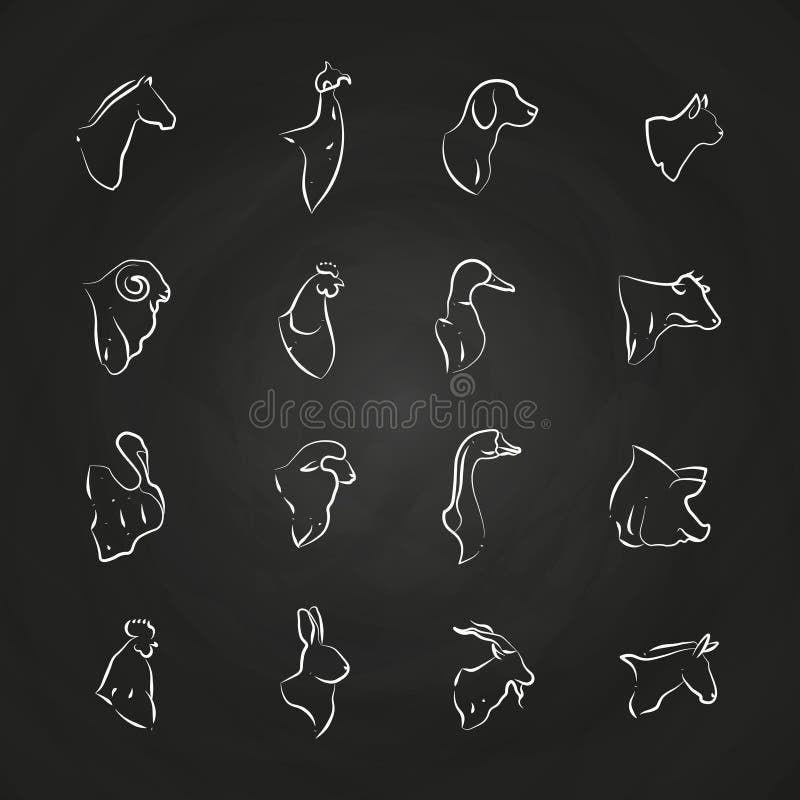 Ligne de têtes d'animaux et d'oiseaux de ferme icônes sur le tableau illustration stock Ligne de têtes d'animaux et d'oiseaux de ferme icônes sur le tableau illustration stock