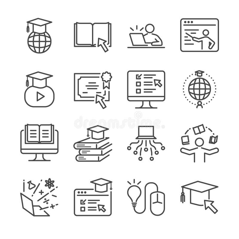 Ligne en ligne ensemble d'éducation d'icône A inclus les icônes comme reçu un diplôme, des livres, étudiant, cours, école et plus